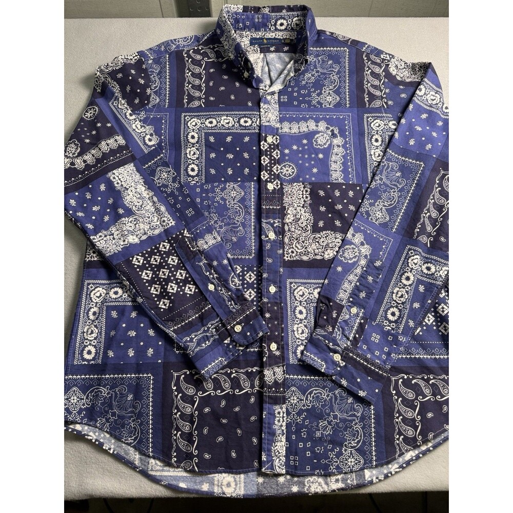 Polo Ralph Lauren Men XL Bandana Paisley Patchwork Print Classic Fit Long Sleeve